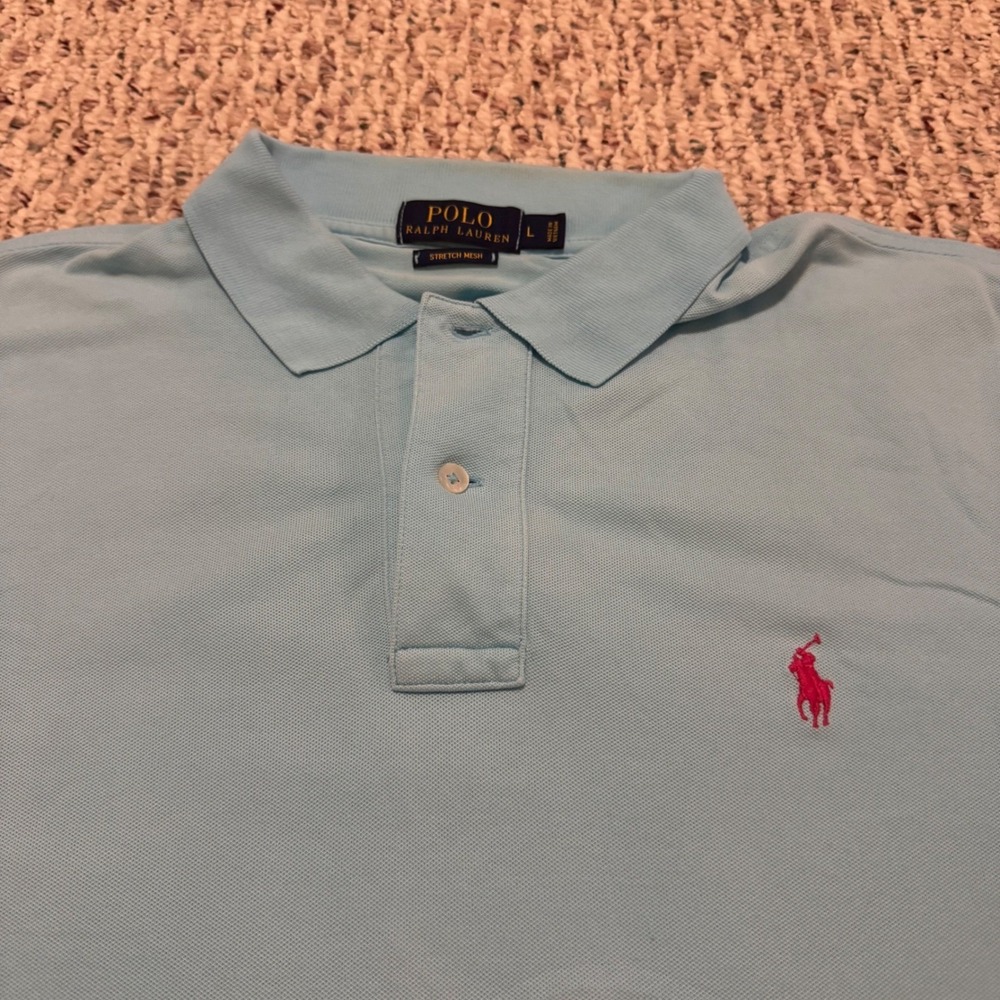 Polo Ralph Lauren Mens Stretch Mesh Polo Shirt Light Blue Pink Pony Large L - Picture 3 of 7